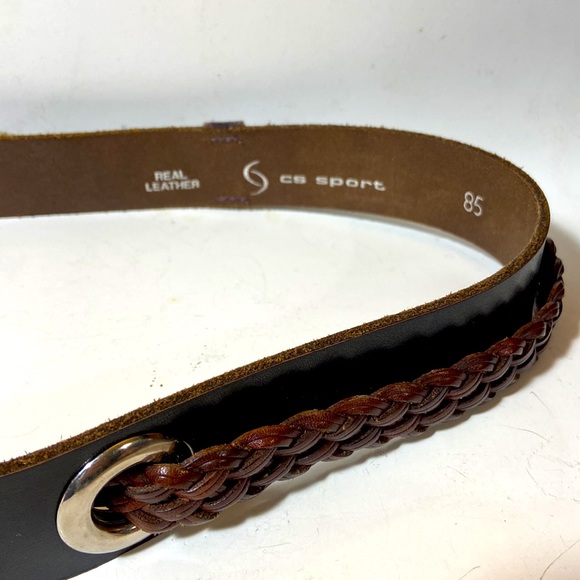 CS Sport Brown Saddle Leather sz 85 Belt w/Braided Accent Nickel Buckle Italy - Picture 2 of 6